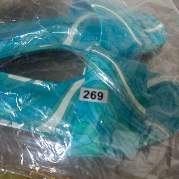 Larroude Ivy Flat Slide Mule Sandal 6.5 Wavy Print Patent Bright Turquoise Blue - Picture 7 of 7